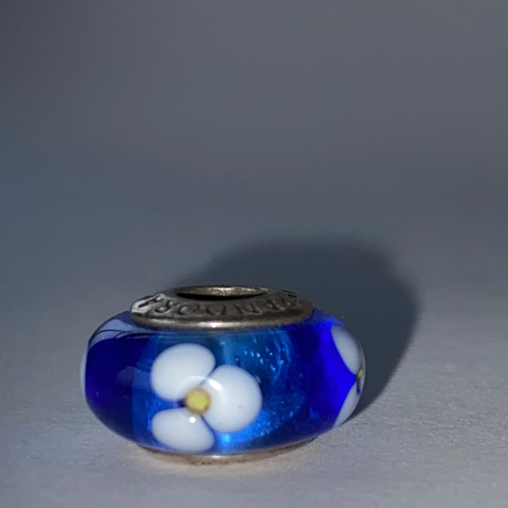 Pandora blue Murano glass bead with flower